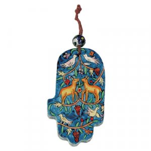 Yair Emanuel Small Handpainted Wood Wall Hamsa, Blue - Forest