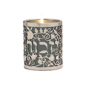 Yair Emanuel Yahrzeit Memorial Candle Holder, Yizkor & Pomegranates Cutout - Gray