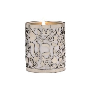 Yair Emanuel Yahrzeit Memorial Candle Holder, Yizkor & Pomegranate Cutout - White