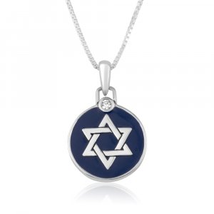 Sterling Silver Necklace, Round Pendant with Star of David on Blue Enamel