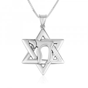 Sterling Silver Pendant Necklace - Chai Letters on Star of David