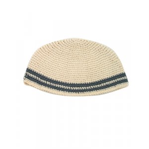 Beige Frik Kippah with Gray Border Stripes