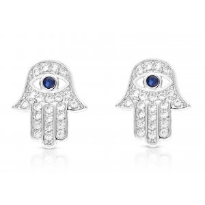 Sterling Silver Hamsa Stud Earrings with Blue and White Zircons - Option Gold