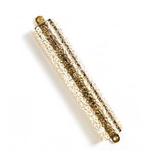 Gold Mezuzah Case, Lace Design Replica of Antique Silver Bible Binding in Israel Museum