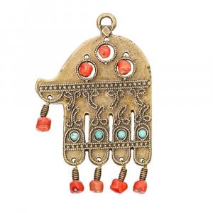 Ancient Brass Wall Good Luck Hamsa with Colored Beads - Israel Museum Replica