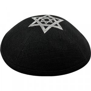 Black Cloth Linen Like Kippah Yarmulke with Silver Star of David Design