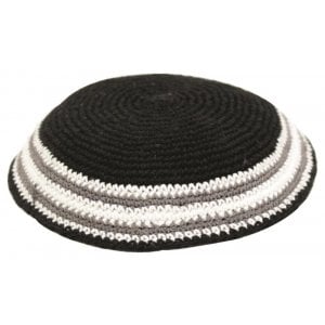 Black Knitted Kippah with Gray and White Border Stripes