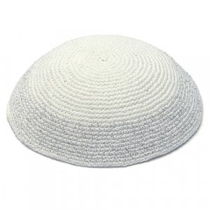 White Knitted Kippah with Elegant Silver Border