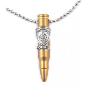 Necklace with Bronze M-16 Rifle Bullet Pendant and Israeli Police Emblem - Ball Chain