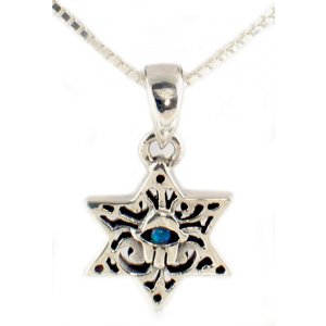 Sterling Silver Pendant Necklace, Star of David and Hamsa with Opal Stone