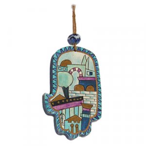 Yair Emanuel Small Hand Painted Wood Wall Hamsa, Blue - Jerusalem