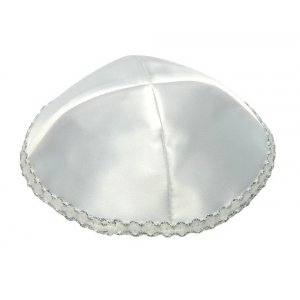 White Satin Kippah with silver strip