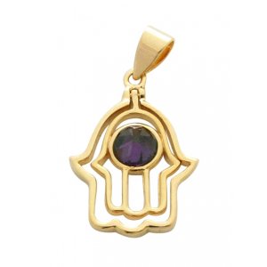 Gold Filled Hamsa Hand Shaped Pendant with Amerthyst Stone in Center