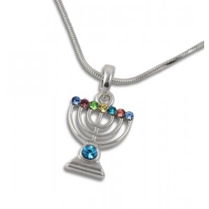 Rhodium Plated Pendant Necklace 7 Branch Menorah - Colored Stones