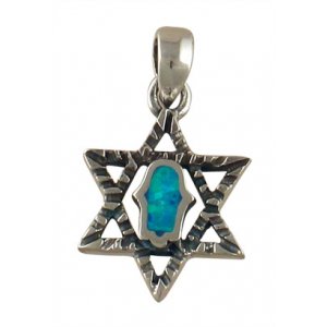 Silver and Opal Hamsa Star of David Pendant