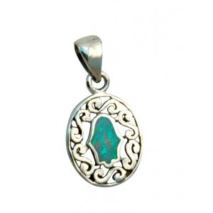 Oval Silver and Opal Hamsa Pendant