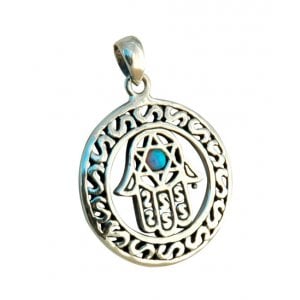 Round Silver and Opal center Hamsa Pendant