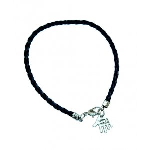 Black Braided Cord Kabbalah Bracelet with Hamsa Charm - Engraved Hand Made