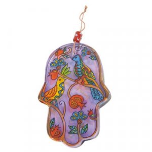 Yair Emanuel Glass Hamsa Wall Decoration - Hand Painted Birds and Pomegranates