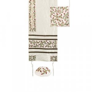 Yair Emanuel Embroidered Striped Tallisack Polysilk Tallit Set - Pomegranates