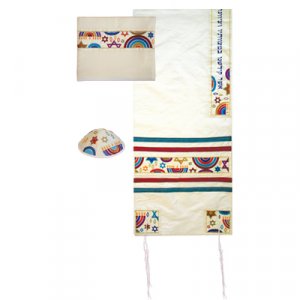 Yair Emanuel White Polysilk Tallit Set - Embroidered Colorful Judaic Symbols