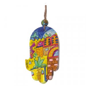 Yair Emanuel Small Hand Painted Wood Wall Hamsa, Colorful - Golden Jerusalem