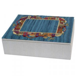 Yair Emanuel Wood & Fabric Blue Embroidered Jewelry Box - Jerusalem Frame