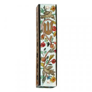 Yair Emanuel Large Hand Painted Wood Mezuzah Case - Birds on Blue