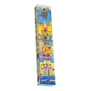 Yair Emanuel Large Hand Painted Wood Mezuzah - Jerusalem Gates