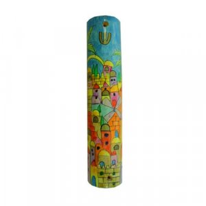 Yair Emanuel Large Hand Painted Wood Mezuzah Case - Colorful Jerusalem