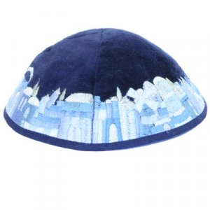 Yair Emanuel Blue Velvet Kippah, Embroidered Jerusalem Images - Shades of Blue