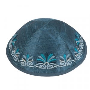 Yair Emanuel Kippah, Embroidered Date Palm Design - Blue