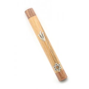 Light Brown Wood Rounded Mezuzah Case - Shin and Star of David in Silver Pewter