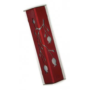 Shraga Landesman Angular Shiny Ruby-Red Aluminum Mezuzah Case - Palm Tree Motif