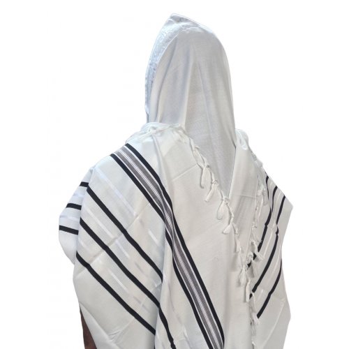 Acrylic Non-Slip Tallit, Textured Checkerboard Weave - Black and Silver Stripes