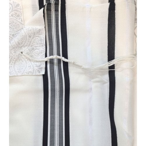 Acrylic Non-Slip Tallit, Textured Checkerboard Weave - Black and Silver Stripes