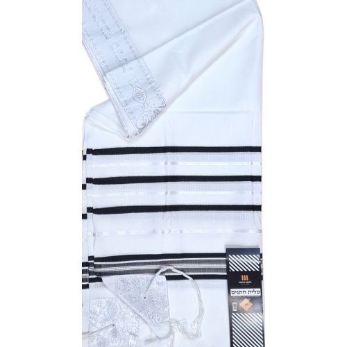 Acrylic Non-Slip Tallit, Textured Checkerboard Weave - Black and Silver Stripes