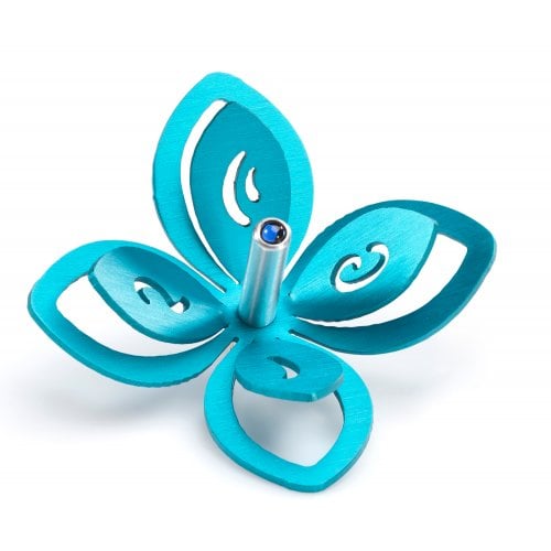 Adi Sidler Anodized Aluminum Chanukah Dreidel, Flower Design - Turquoise