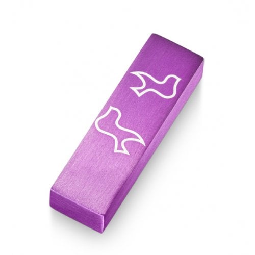 Adi Sidler Brushed Aluminum Car Mezuzah, Peace Doves - Purple