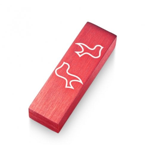 Adi Sidler Brushed Aluminum Car Mezuzah, Peace Doves - Red