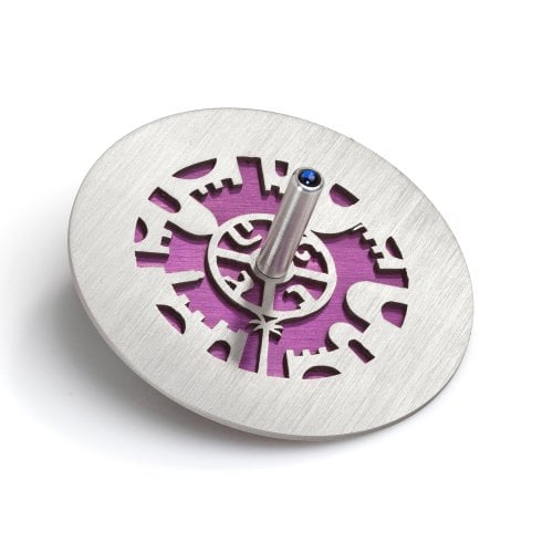 Adi Sidler Two Tone Chanukah Dreidel and Stand, Cutout Jerusalem Design - Purple