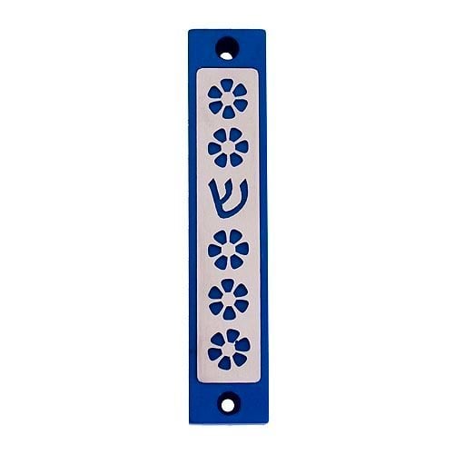 Agayof Mezuzah Case, Five Flowers and Shin in Dark Colors  4 Inches Height