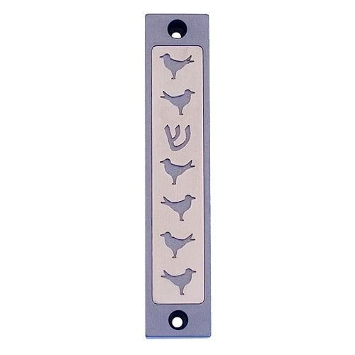 Agayof Mezuzah Case, Six Doves and Shin in Light Colors - 4 Inches Height