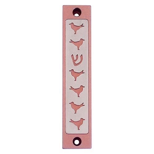 Agayof Mezuzah Case, Six Doves and Shin in Light Colors - 4 Inches Height