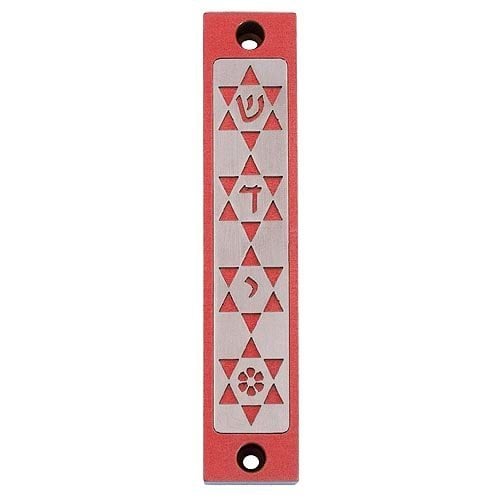 Agayof Mezuzah Case with Four Stars of David, in Dark Colors  4 Inches Height