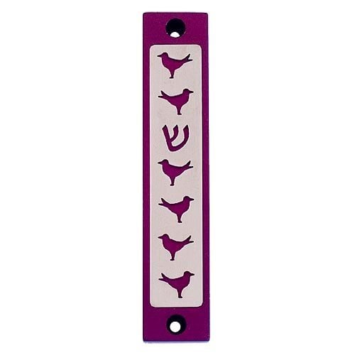 Agayof Mezuzah case, Six Doves and Shin in Dark Colors - 4 Inches Height