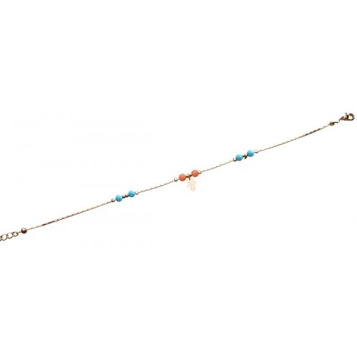 Anklet, Gold Rhodium with Blue and Orange Beads and Hamsa