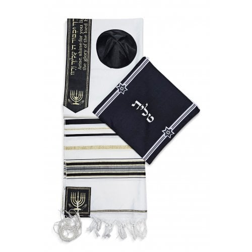 Ateret Acrylic Tallit Set, Menorah Motif and Bible Words  Black and Gold Stripes