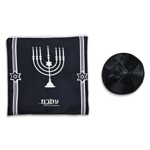 Ateret Acrylic Tallit Set, Menorah Motif and Bible Words  Black and Gold Stripes