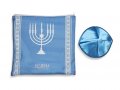 Ateret Acrylic Tallit Set, Menorah Motif and Bible Words  Powder Blue and Silver Stripes